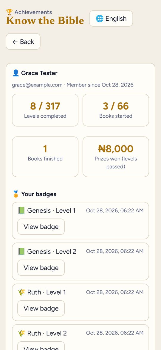 Know the Bible game screen: Your achievements