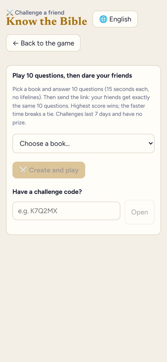 Know the Bible game screen: Challenge a friend