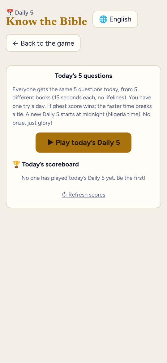 Know the Bible game screen: Daily 5