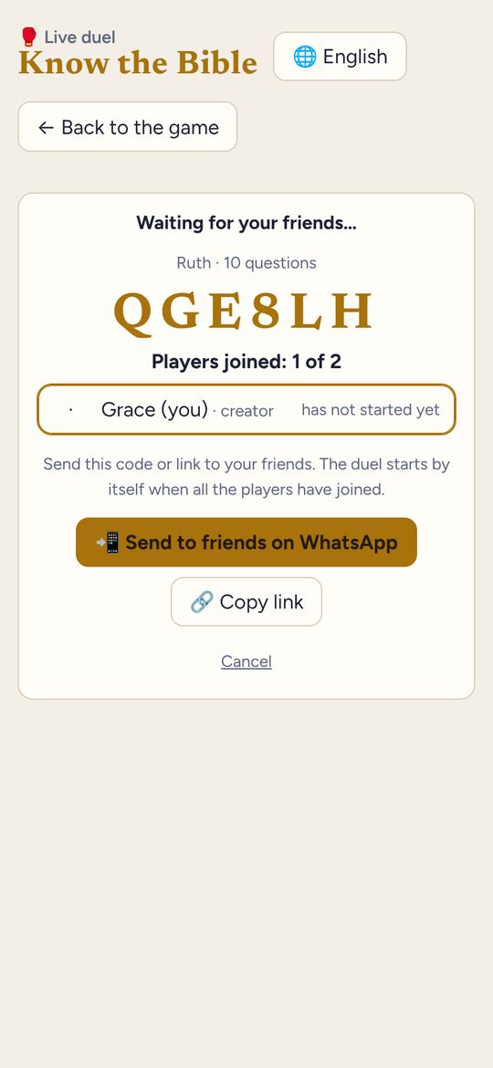 Know the Bible game screen: Live duels