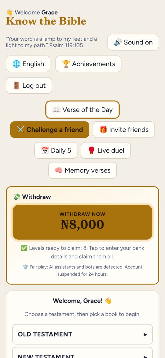 Know the Bible game screen: Your balance grows