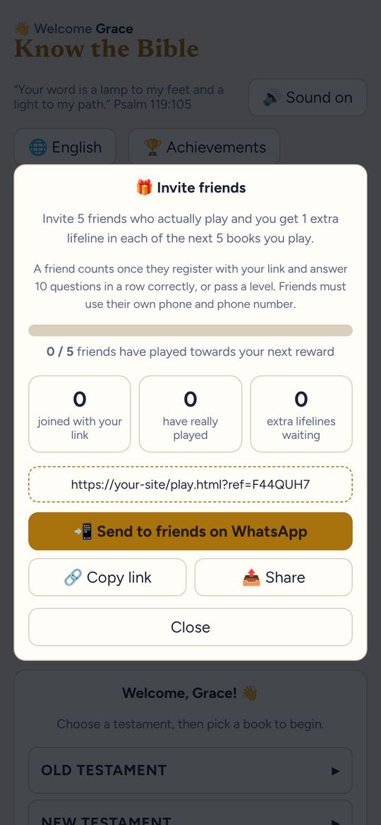 Know the Bible game screen: Invite friends