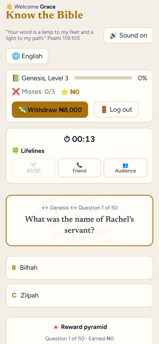 Know the Bible game screen: Three lifelines