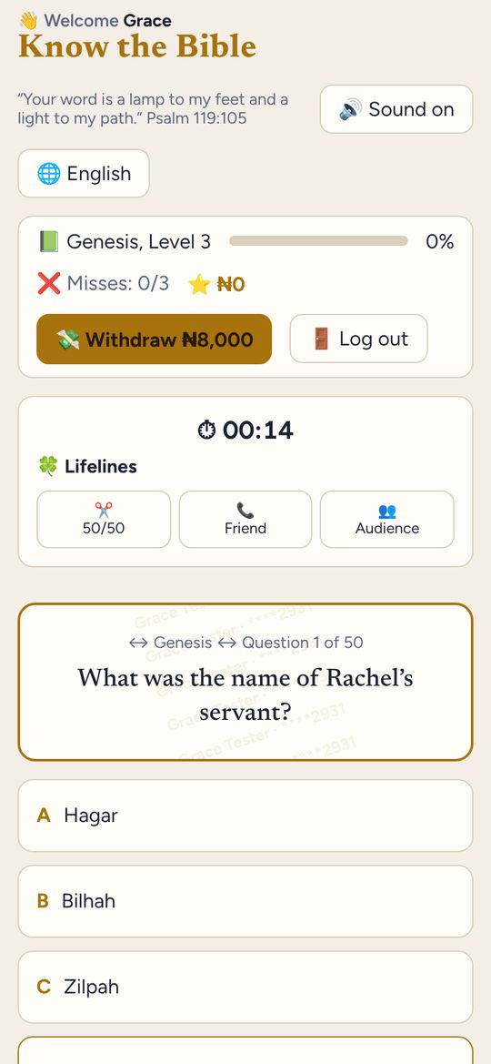 Know the Bible game screen: Questions from every chapter