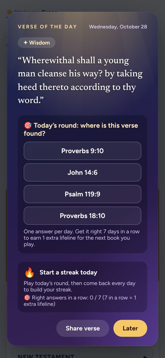 Know the Bible game screen: Verse of the Day