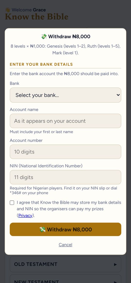 Know the Bible game screen: Withdraw on Saturday